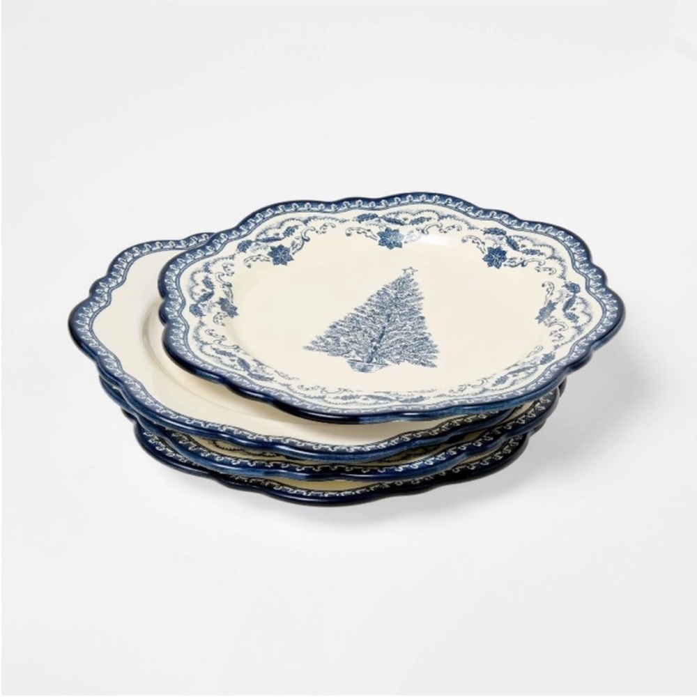 4pk 8” Stoneware Salad Appetizer Christmas Plates Blue - Threshold Studio McGee
